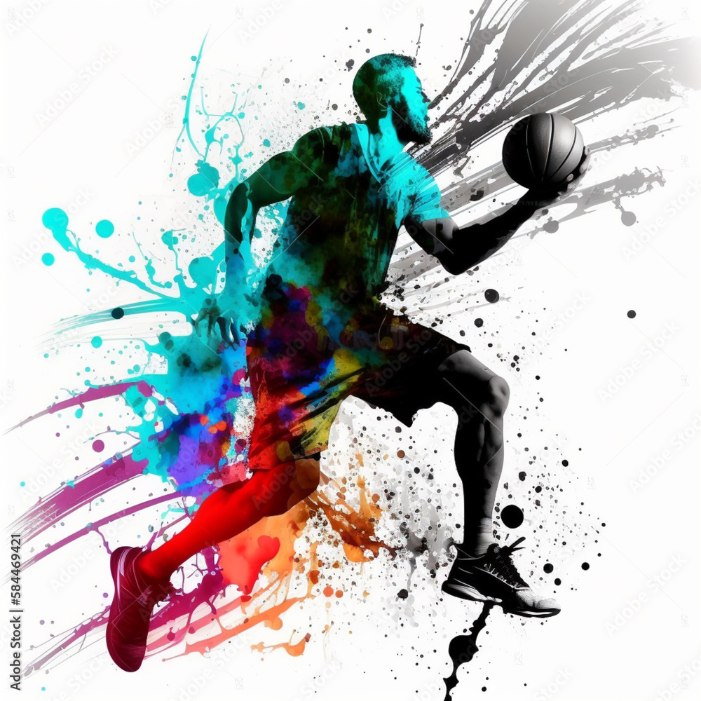 Basketball player jumping with a ball. Color splash player in action. Generative Ai. Basketball player jumping with a ball. Color splash player in action. Generative Ai.