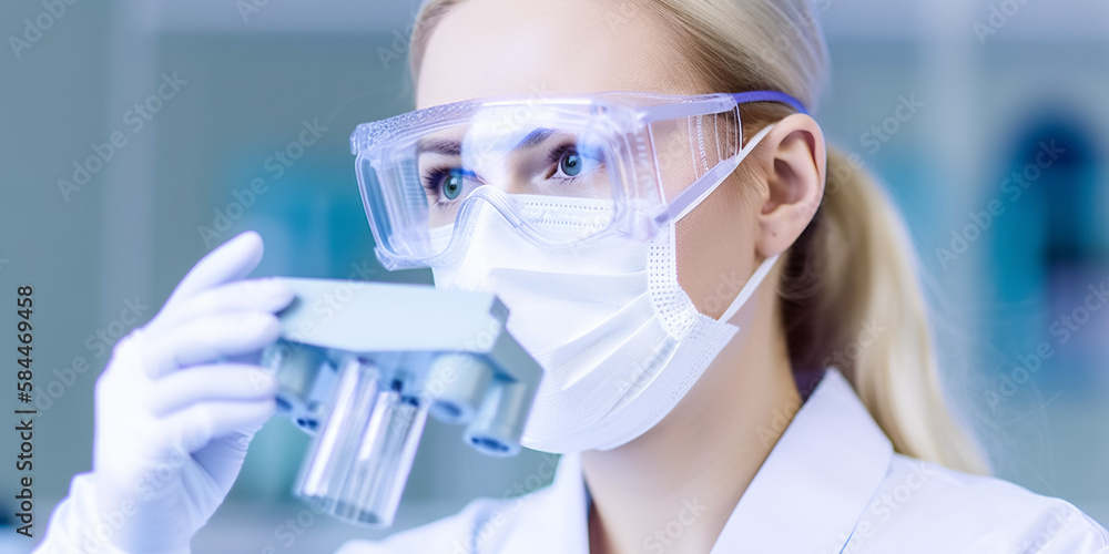 a Beautiful Female Scientist or Researcher in Goggles and mask looking at a test tube of clear solution in a Medical Research Laboratory. digital ai art a Beautiful Female Scientist or Researcher in Goggles and mask looking at a test tube of clear solution in a Medical Research Laboratory. digital ai art