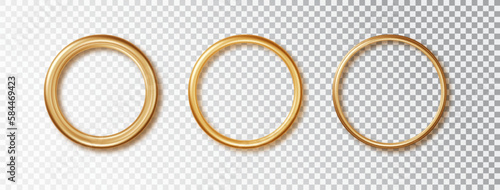 Round gold metal shiny frames different thickness with shadows isolated on transparent background