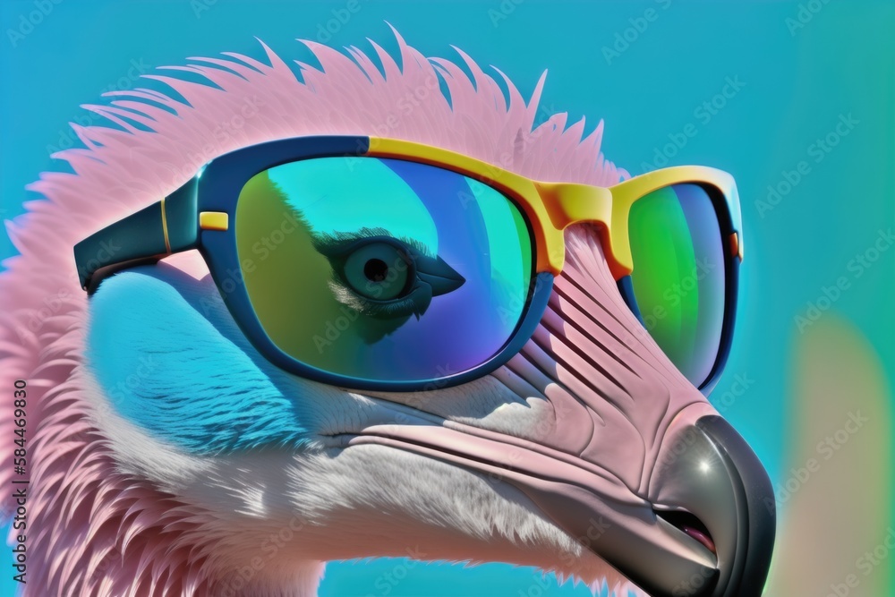 Fototapeta premium Cute flamingo with sunglasses, summer print design, children print on t-shirt, generative ai