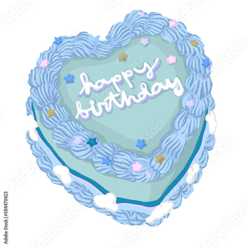 Cartoon realistic heart cake. Heart shape blue delicious birthday cake with stars cream decoration flat vector illustration. Design for logo, Birthday cards, banners, backgrounds.