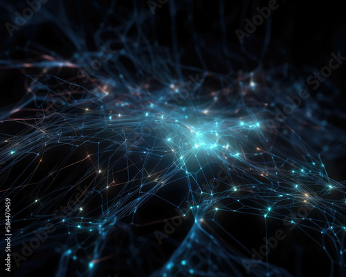 A network of glowing blue lines resembling a neural network stretching out in all directions and scanning for cybersecurity intrusions. . AI generation.