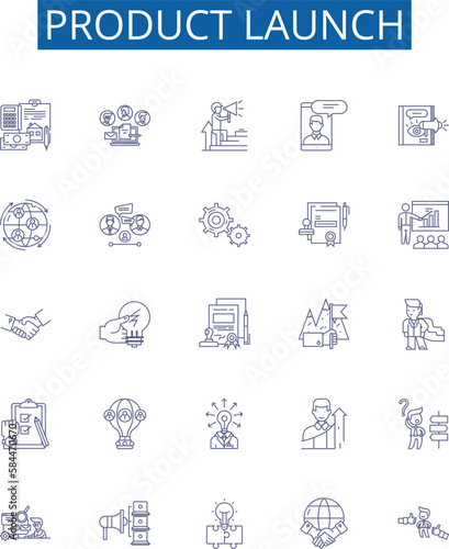 Product launch line icons signs set. Design collection of Launch, Product, Introduction, Rollout, Unveiling, Release, Debut, Proclamation outline concept vector illustrations