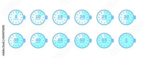 Set d'icônes de minuteurs et chronomètres / Icônes de minuteurs / 5, 10, 15, 20, 25, 30, 40, 50, 55 minutes et 1 heure / Bleu pastel