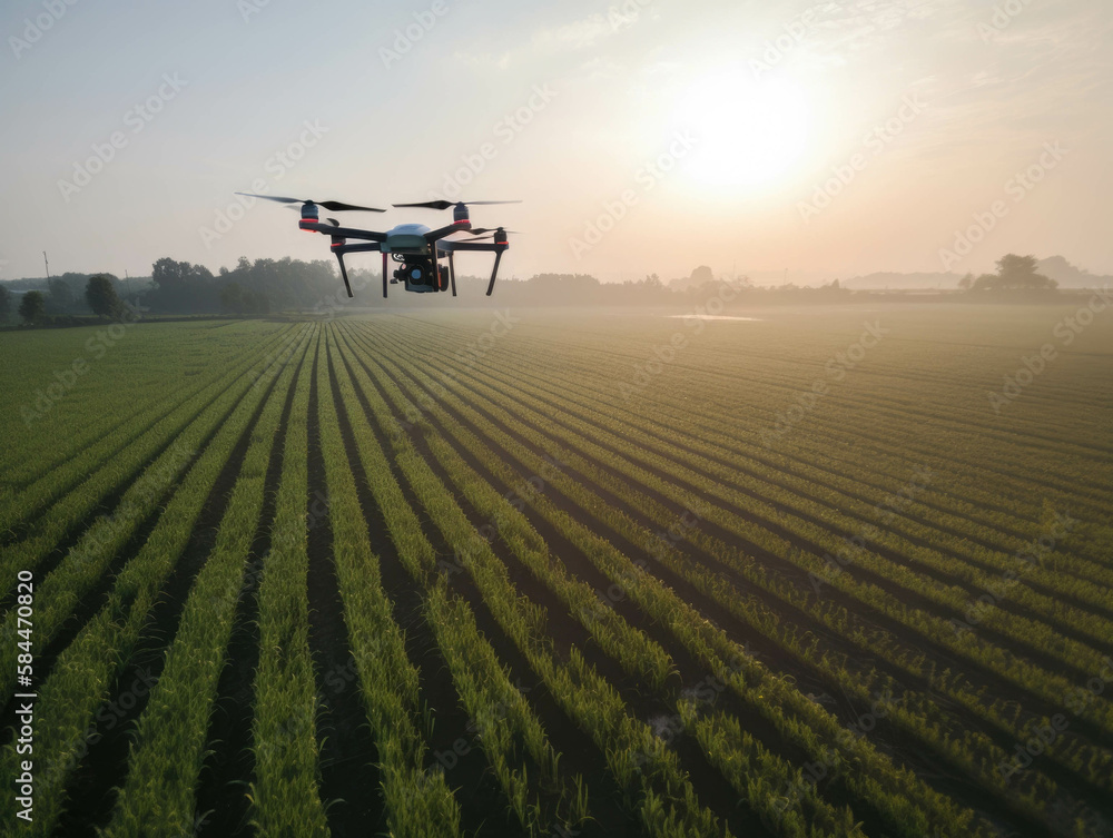 Drones equipped with multispectral sensors fly over crops providing farmers with uptodate reflections of the overall health of their . AI generation.