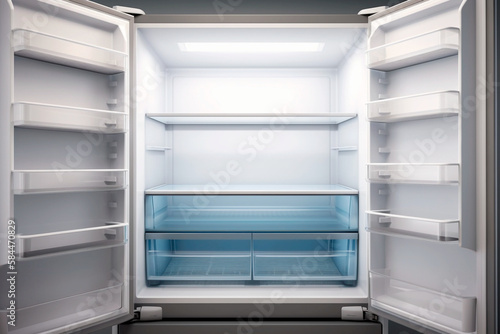 Open refrigerator with empty clean shelves for product display, Generative ai