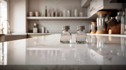 An empty home kitchen counter worktop for product display. blurred background. Generative ai