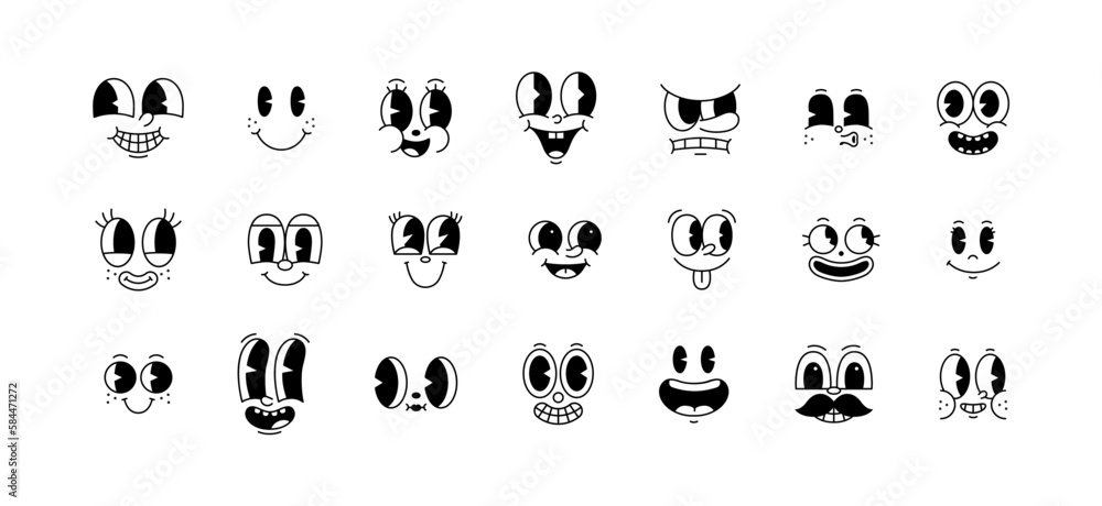 Funny retro cartoon character face drawing set on isolated background. Black and white vintage animation art style bundle. Trendy 50s mascot, facial expression graphic, mascot gesture sticker. - obrazy, fototapety, plakaty 
