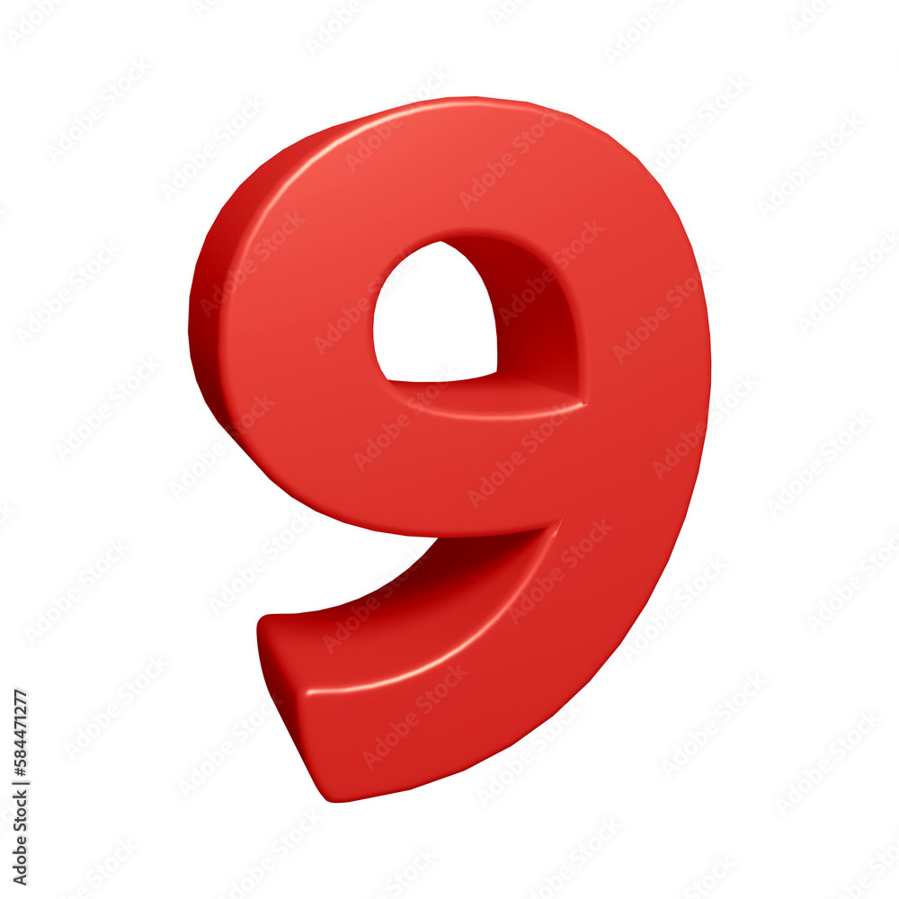 Red number 9 in 3d rendering for math, business and education concept Red number 9 in 3d rendering for math, business and education concept