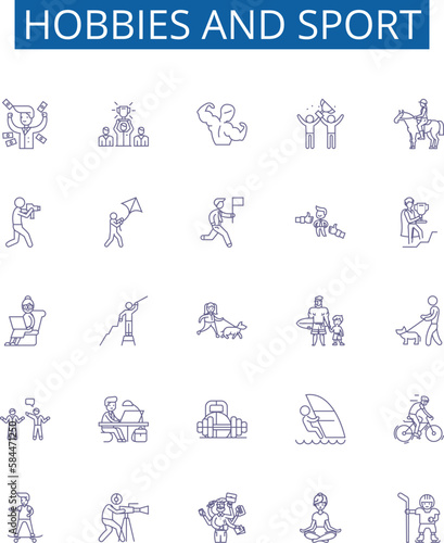 Hobbies and sport line icons signs set. Design collection of sport, hobbies, hiking, running, yoga, swimming, cycling, fishing outline concept vector illustrations