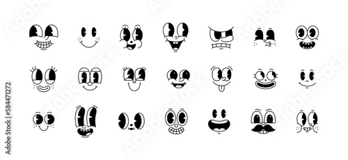 Funny retro cartoon character face drawing set on isolated background. Black and white vintage animation art style bundle. Trendy 50s mascot, facial expression graphic, mascot gesture sticker. photo