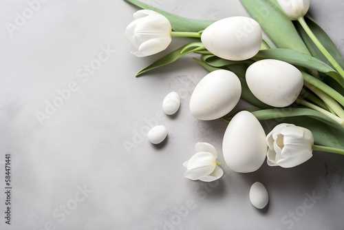 Easter eggs with spring tulips flowers on light background. Easter holiday flat lay concept. Traditional elegant springtime decoration. Top view. Copy space. AI generated.