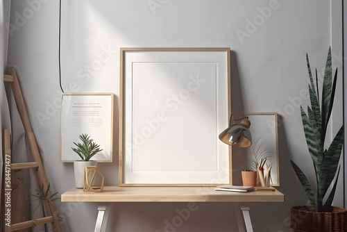 Rectangular vertical frame poster mockup, scandinavian style interior with home decoration on empty neutral white wall background. 3D render illustration. A4, A3 format. AI generated. © AnaWein