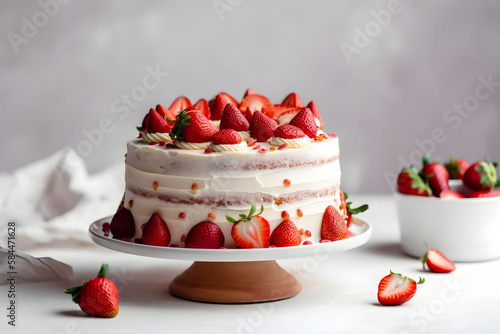 Delicious strawberry biscuit cake torte dessert with fresh berries and butter cream on concrete background. Ai generated. photo