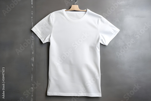 White women t-shirt mockup on a hanger, dark concrete background. Design t shirt template, print presentation mock up. Top view flat lay. AI generated.