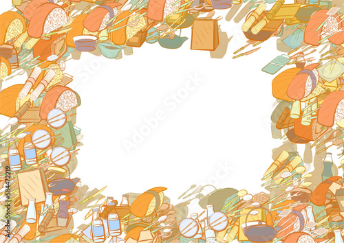 Background pattern abstract design texture. Japanese food and Cutlery. Border frame, transparent background. Theme is about packet, knife, ladle, sushi, scooped, sauce bottle, wok, bamboo mat