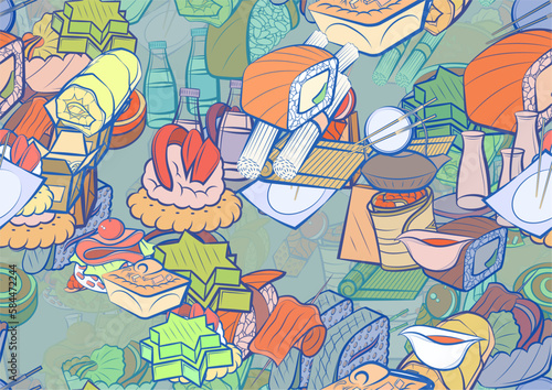 Background pattern abstract design texture. Seamless. Snacks and Japanese food. Theme is about tea, caviar, bacon, Khinkali, liquids, crab meat, sweet, sweetness, twisted filling, six-pointed