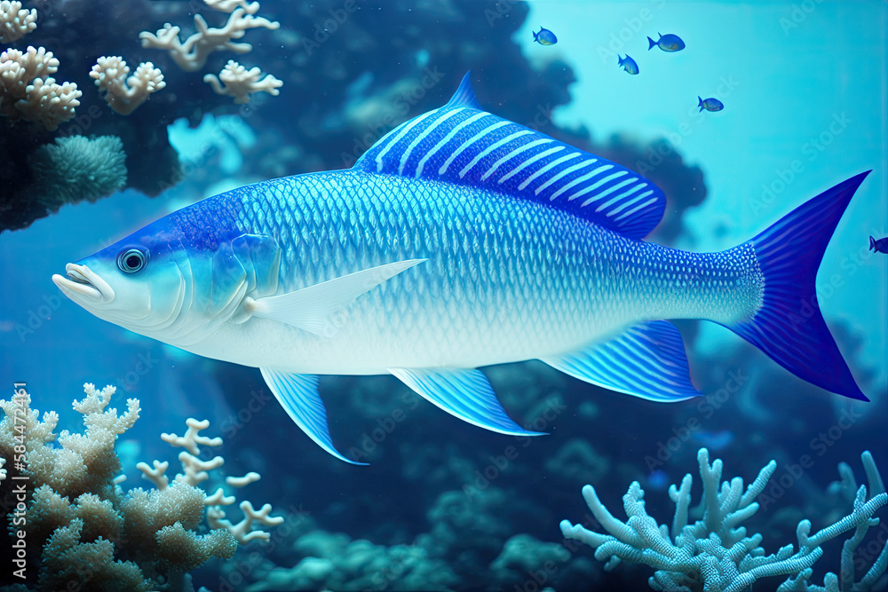 Underwater coral reef landscape with fish, generative ai, in the deep blue ocean with colorful marine life Underwater coral reef landscape with fish, generative ai, in the deep blue ocean with colorful marine life