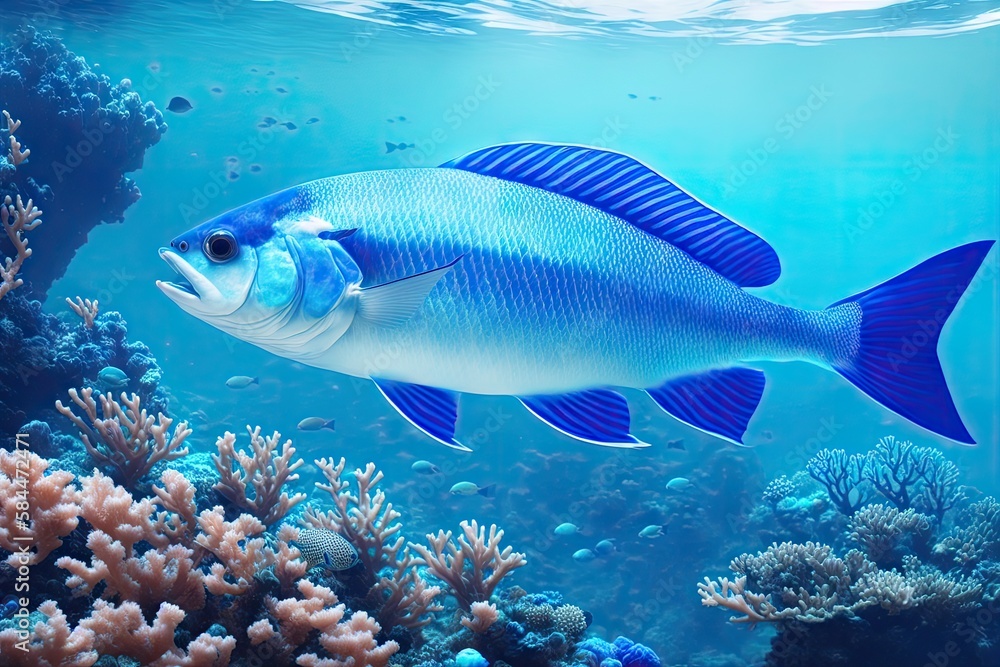 Underwater coral reef landscape with fish, generative ai, in the deep blue ocean with colorful marine life Underwater coral reef landscape with fish, generative ai, in the deep blue ocean with colorful marine life