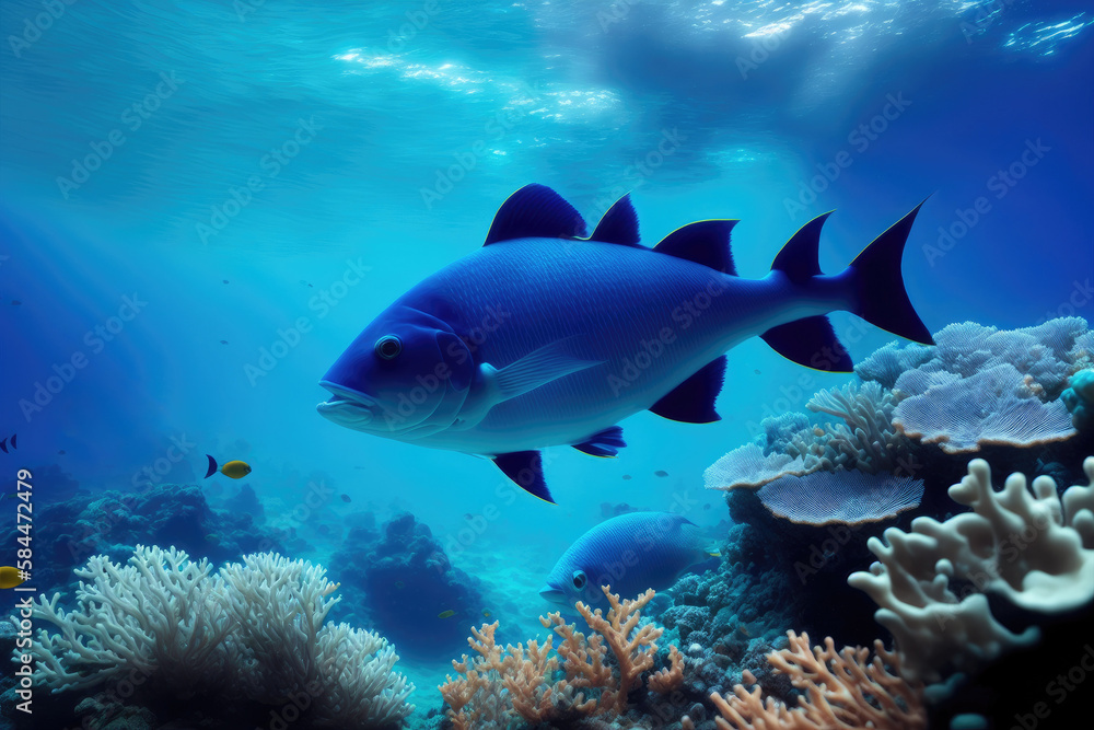 Fototapeta premium Underwater coral reef landscape with fish, generative ai, in the deep blue ocean with colorful marine life