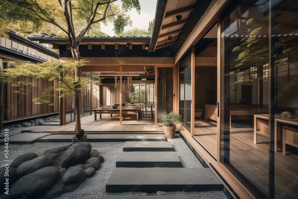 Traditional Japanese building architecture in historical Japanese old town, generative ai
