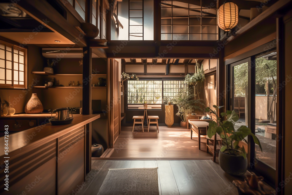 Traditional japanese tea room interior with tatami mats, sun light, japandi concept, japanese art and culture, generative ai Traditional japanese tea room interior with tatami mats, sun light, japandi concept, japanese art and culture, generative ai