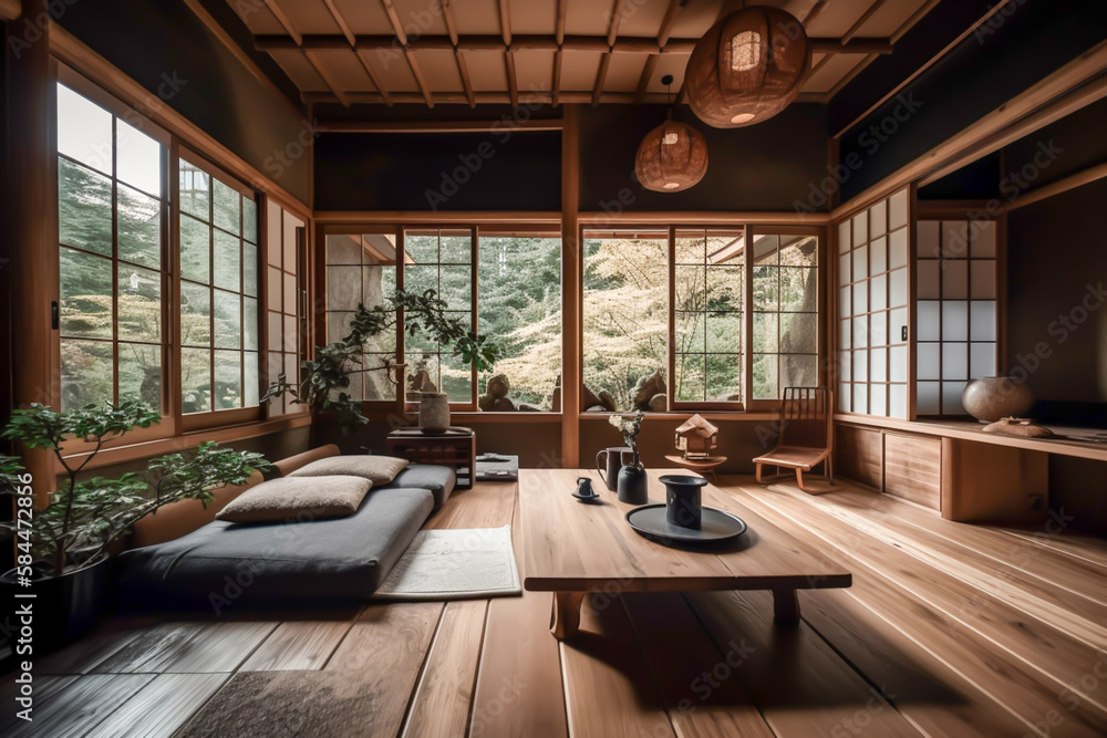 Traditional japanese tea room interior with tatami mats, sun light