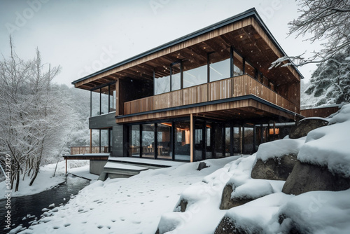 Traditional Japanese building architecture in historical Japanese old town, in snowcapped, generative ai