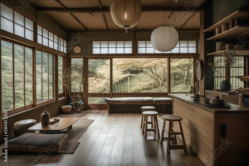 Traditional japanese tea room interior with tatami mats  sun light  japandi concept  japanese art and culture  generative ai