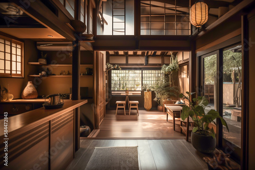Traditional japanese tea room interior with tatami mats, sun light, japandi concept, japanese art and culture, generative ai
