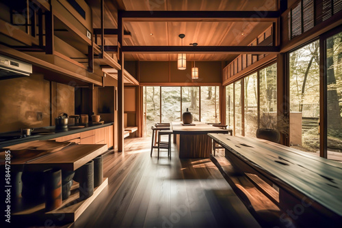 Traditional japanese tea room interior with tatami mats, sun light, japandi concept, japanese art and culture, generative ai © VicenSanh