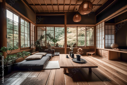Traditional japanese tea room interior with tatami mats, sun light, japandi concept, japanese art and culture, generative ai