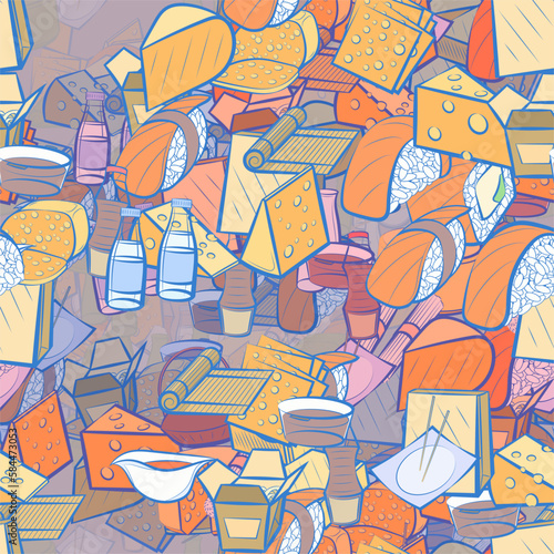 Background pattern abstract design texture. Seamless. Japanese food and Cheeses. Theme is about water bottles, bamboo mat, roll salmon, cut out, a circle, packet, sushi-roll, bottles, chunks