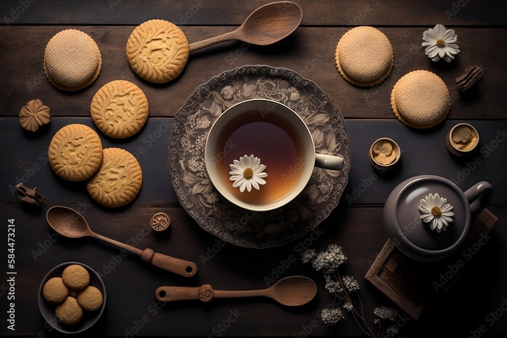 biscuits on a wooden table with tea cups and teaspoon biscuits on a wooden table with tea cups and teaspoon