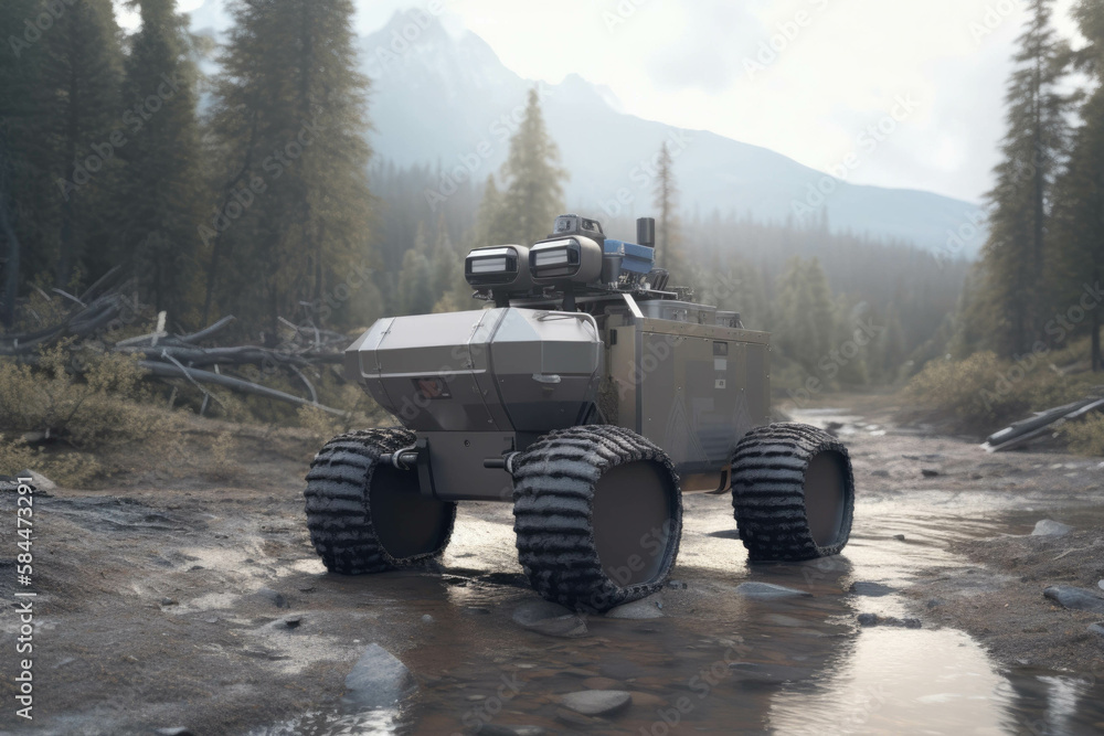 Fototapeta premium A robotic vehicle equipped with an AIpowered system and camera navigating through a natural disaster area delivering supplies to those . AI generation.