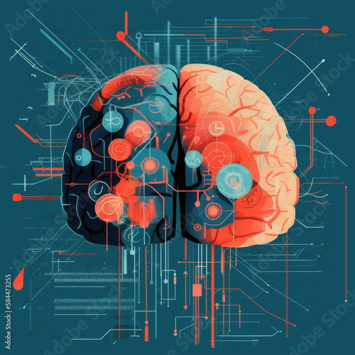 A representation of AI that looks like a brain with words such as budgeting managing investing and yzing written around it. . AI generation. photo