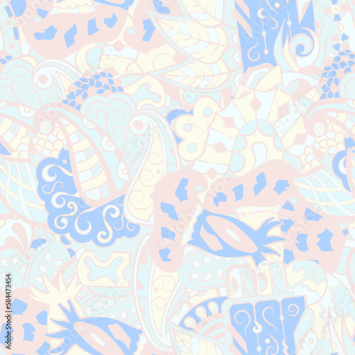 Tracery seamless pattern. Mehndi design. Pastel. 6 colors. Ethnic doodle texture. Curved doodling background. Vector