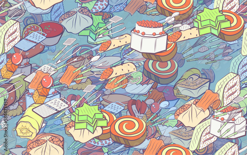 Background pattern abstract design texture. Seamless. Snacks and Cutlery. Theme is about marshmallows, caramel, borscht, cucumber roll, salmon, spatula, potato peeler, meat fork, star, loaf
