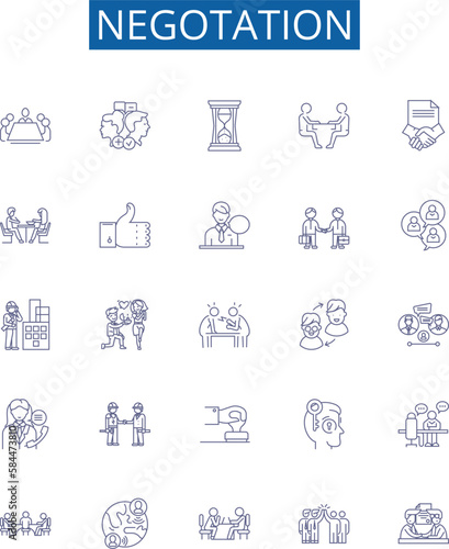 Negotation line icons signs set. Design collection of Negotiate, haggle, discuss, bargain, mediate, arbitrate, parley, contend outline concept vector illustrations