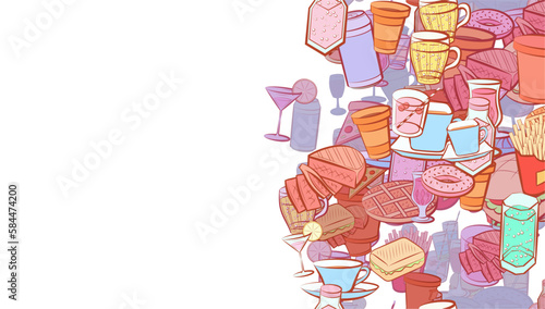 Background pattern abstract design texture. Drinks and American food. Vertical seamless stripe. Border frame, transparent background. Theme is about beer, figured glass, waffles, stripes