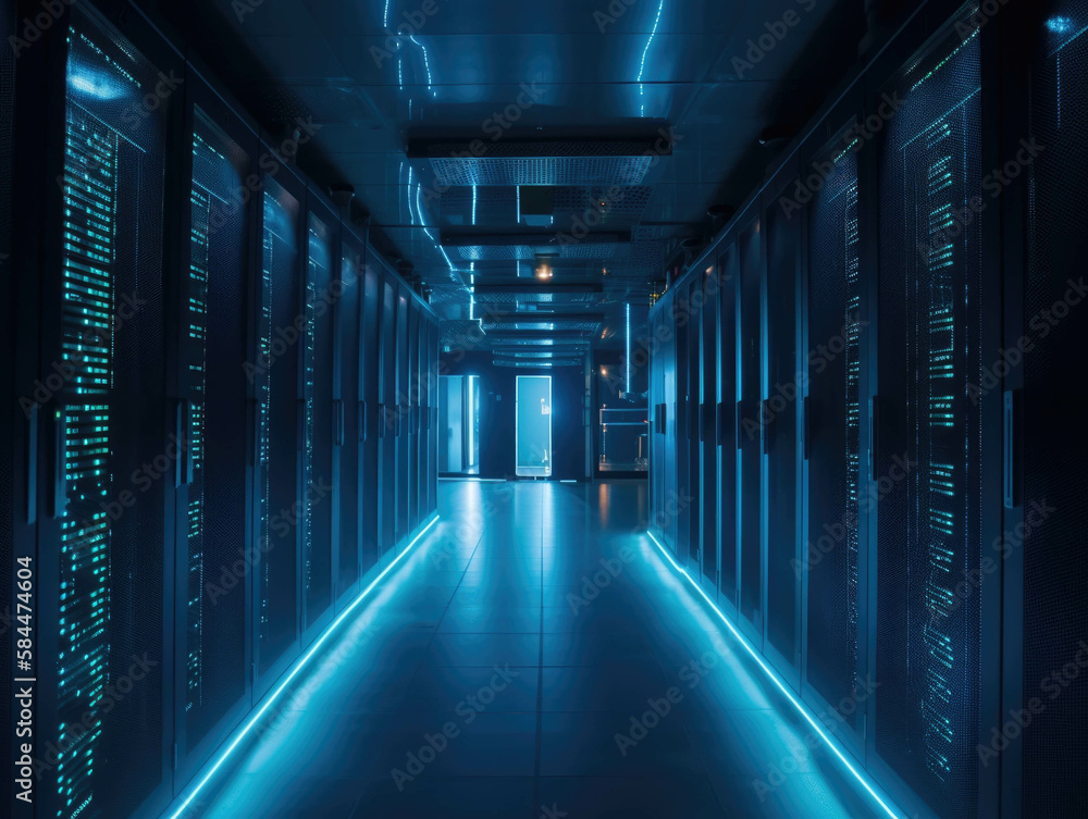 Fototapeta premium A data center lit up in an eerie blue light as AI scans for anomalies and unknown threats. . AI generation.
