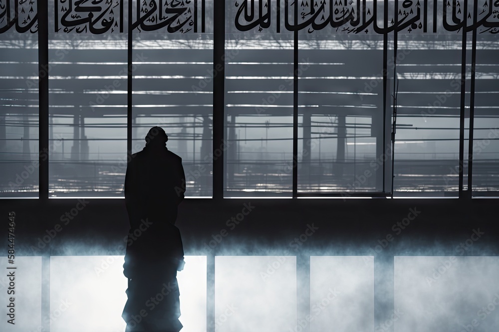 Fototapeta premium Muslim praying in a mystical environment, silhouette photo, no face visible, generative ai, color grading, islam religion concept photo