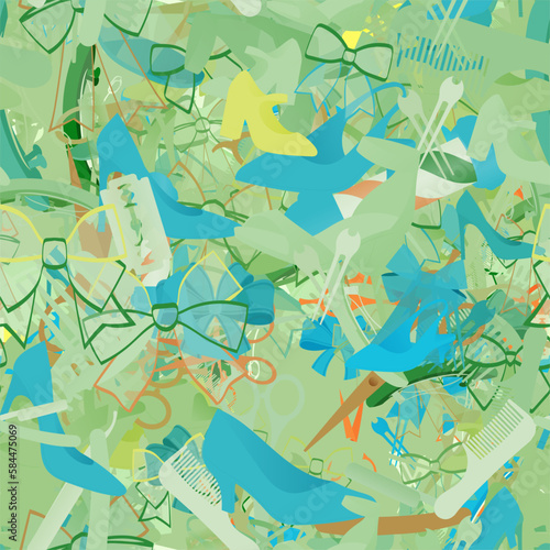 Background pattern abstract design texture. Seamless. Theme is about dressing, illustration, comb, slingback shoes, ladies, season, style, footwear, parlor, razor blade, fashion, elegant