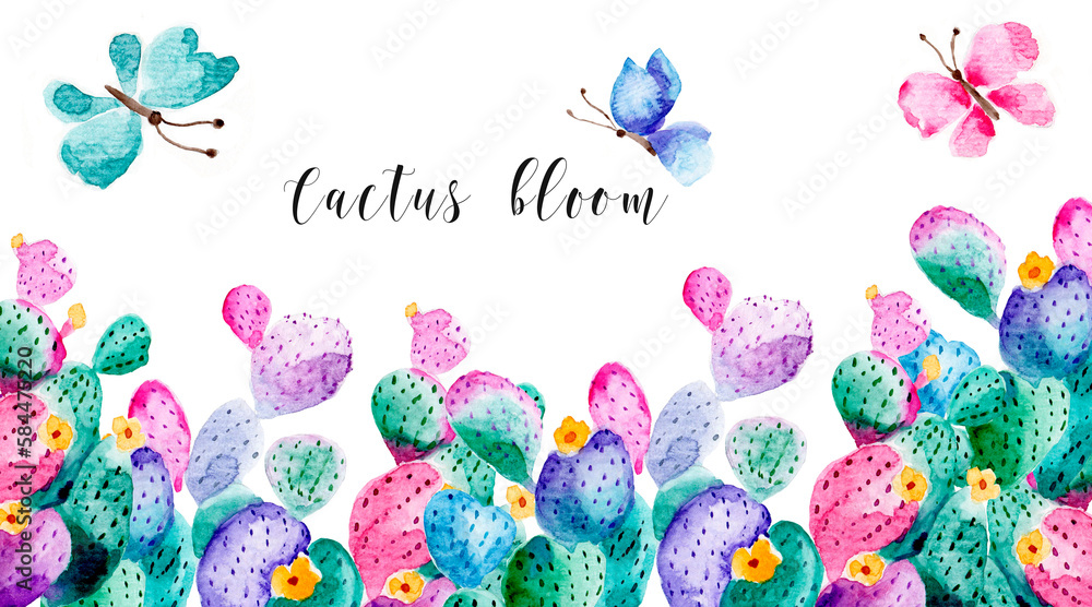 Fototapeta premium Blooming bright cacti and butterflies. Beautiful bright background for postcards and business cards. Painted by hand in watercolor. Copy spase.