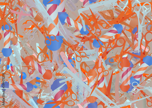 Background pattern abstract design texture. Seamless. Theme is about scissors, hair care, Barber pole, hairdressing, comb, straight razor, parlor, razor blade, shaving, salon, barber, barbershop