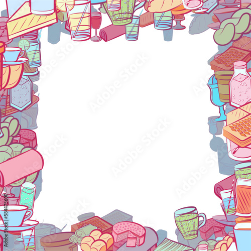 Background pattern abstract design texture. Drinks and Bakery products. Border frame, transparent background. Theme is about soda can, alcohol, lemon, drink, cherries, sennit, bottle, mini buns
