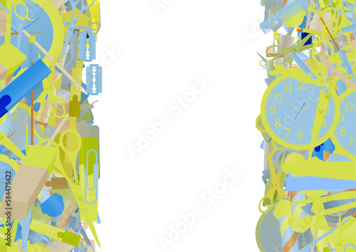 Background pattern abstract design texture. Vertical seamless stripes. Border frame, transparent background. Theme is about eraser, clip, clerical, accounting, paper knife, comb, cutter