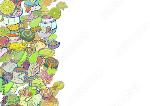 Background pattern abstract design texture. Snacks and Fruits. Vertical seamless stripe. Border frame, transparent background. Theme is about bacon, marshmallows, cake, sausage, crab meat