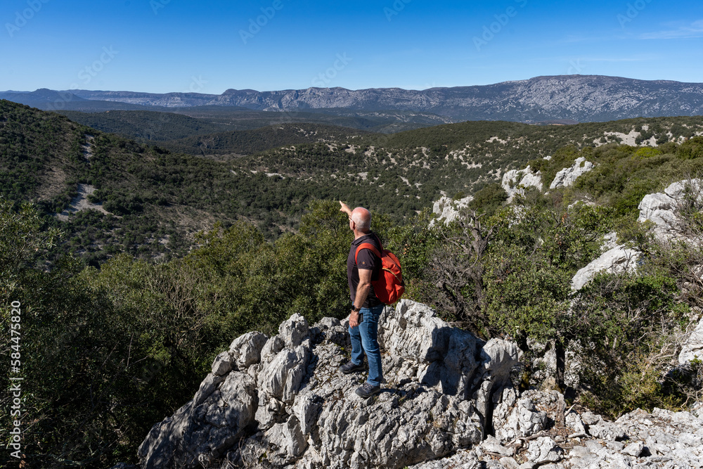 Un randoneur de dos dressé sur un rocher indique une direction face à un panorama naturel