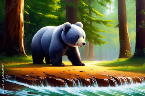 Illustration of an yong cute bear in a wild landscape. Colorful magic bear, cartoon style painting. Generative ai art illustration